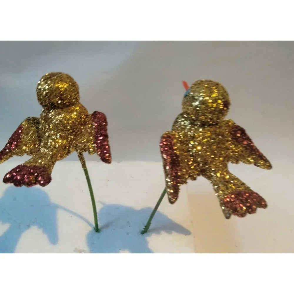 Glitter Gold Bird Ornament Green Wire Stem Decoration Crafting Lot 2